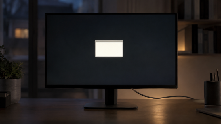 Moniteur d'ordinateur noir sur un bureau, petite fenêtre pop-up vide et lumineuse sur l'écran sombre, câble vidéo à l'arrière