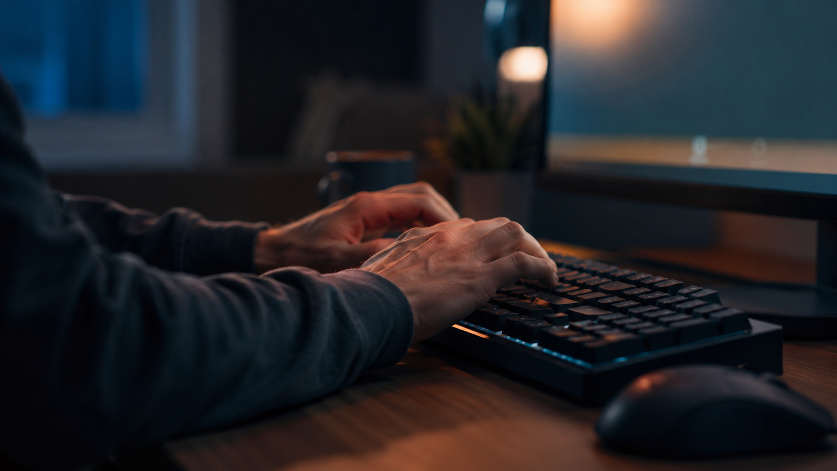Mains anonymes sur un clavier configurant un PC, lueur de l'écran sur les mains, aucun visage visible