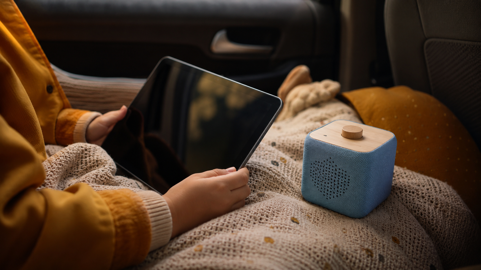 Mains d'enfant tenant une tablette et une boîte à histoires audio