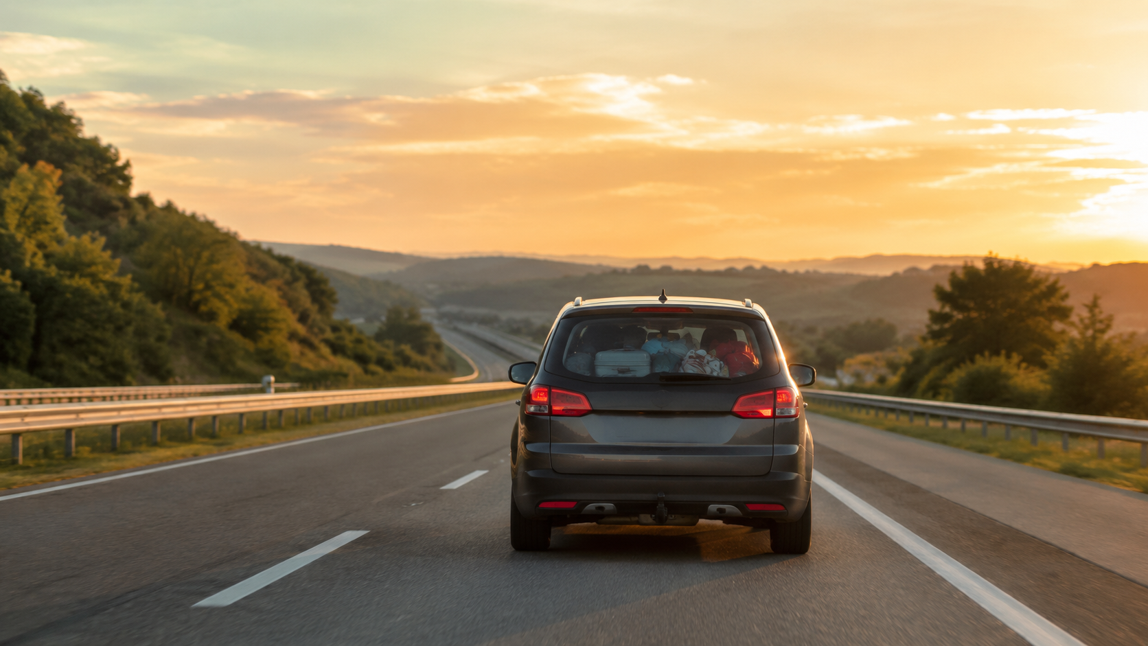 Voiture familiale sur une autoroute d'été à la tombée du jour