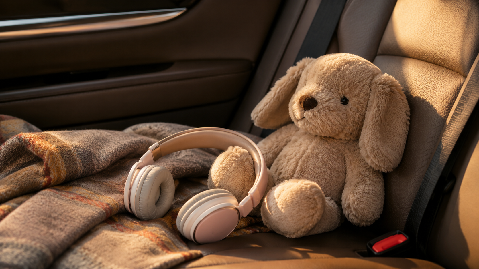 Petit casque audio posé sur un siège de voiture, à côté d'une peluche