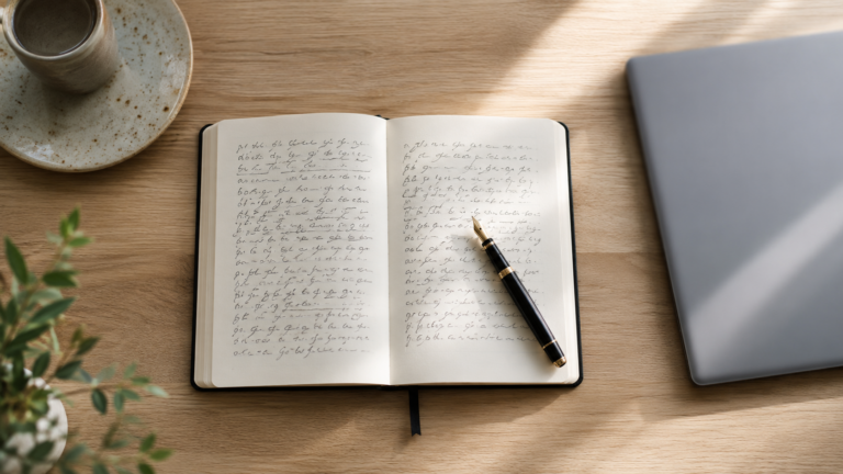 Carnet papier ouvert avec des lignes manuscrites et un stylo plume, un ordinateur portable fermé et flou à côté sur un bureau en bois