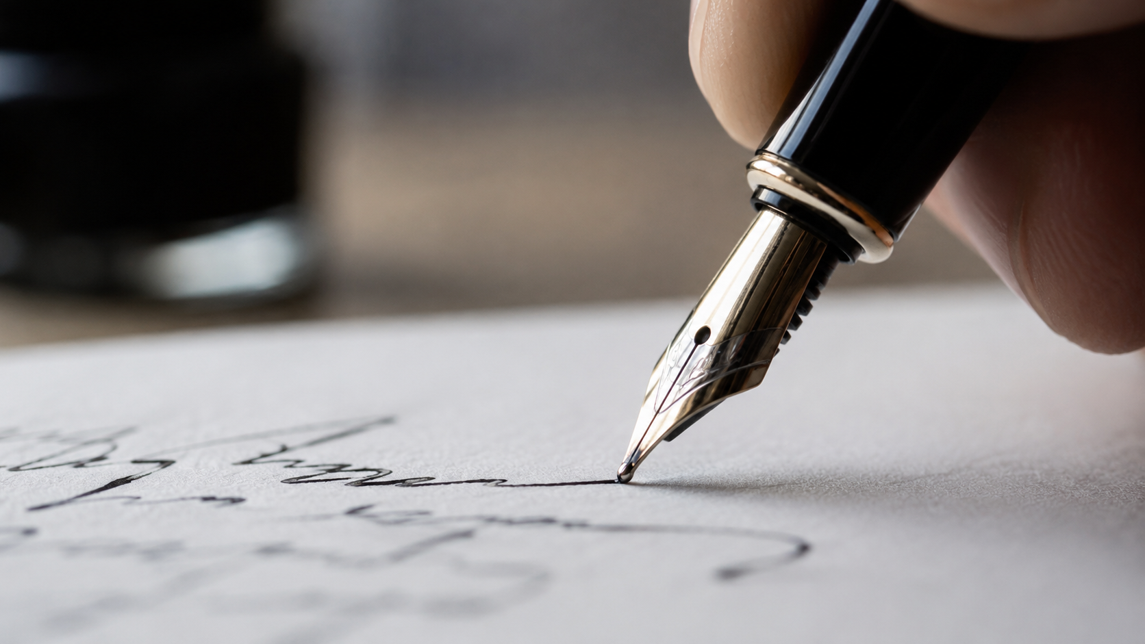 Gros plan d'une main écrivant des lettres cursives au stylo sur du papier blanc, sans visage