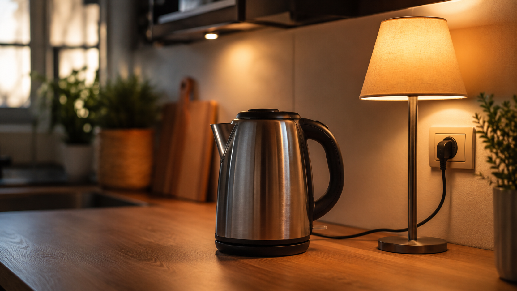 Des appareils électriques du quotidien sur un plan de travail de cuisine, une bouilloire et une lampe allumée