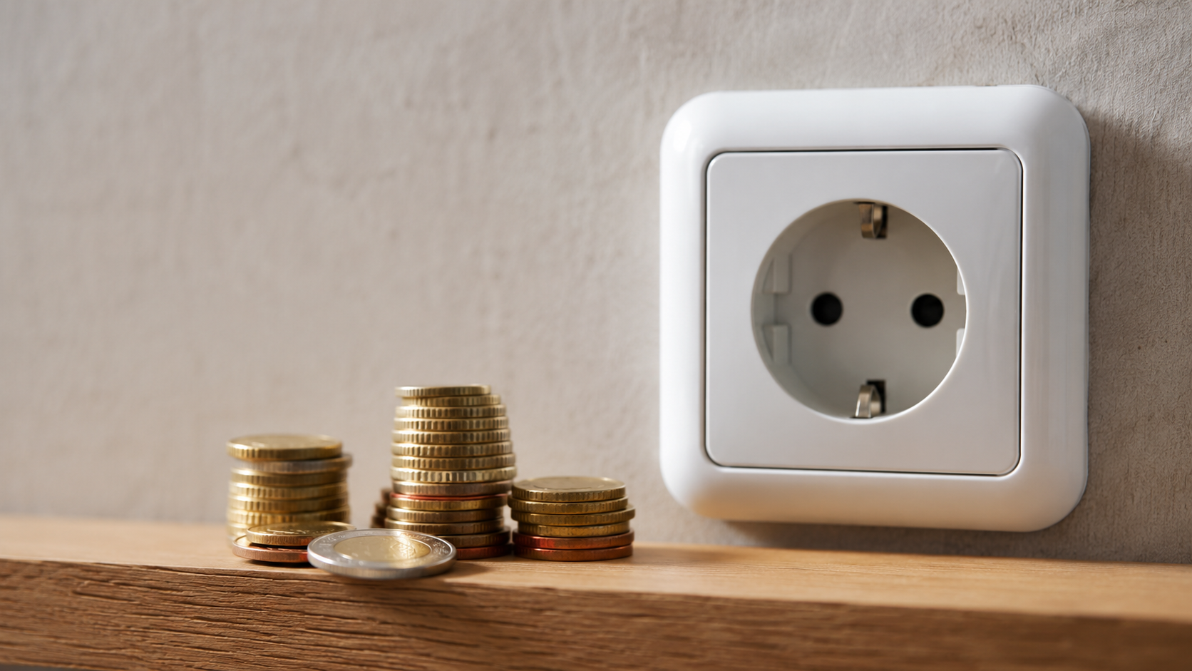 Quelques pièces d'euros empilées à côté d'une prise électrique murale, dans une lumière douce