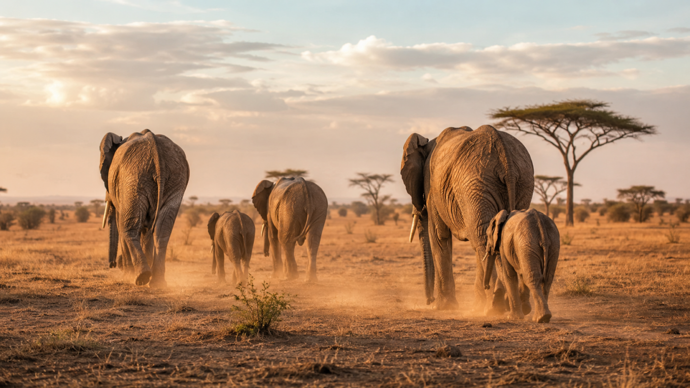 Un petit troupeau d'éléphants d'Afrique traversant une savane sèche à la lumière rasante, vus de dos