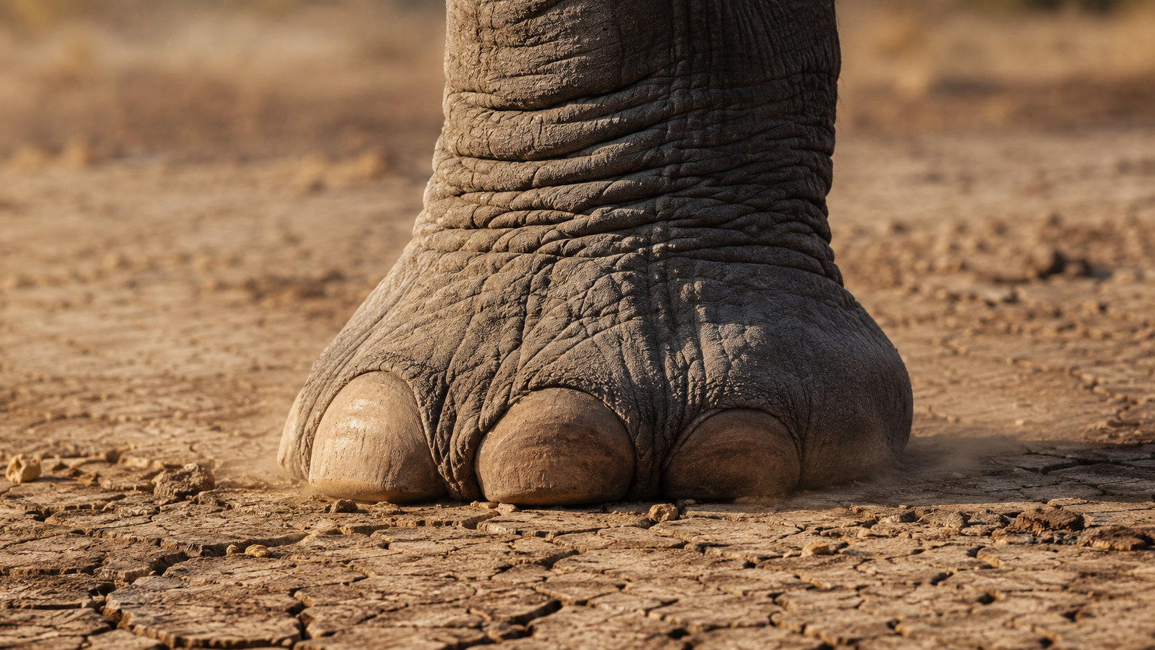 Gros plan d'un pied d'éléphant posé sur une terre sèche craquelée, peau ridée et fine poussière