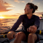 Une rameuse anonyme aux avirons d'un petit canot océanique au crépuscule, sur une mer ouverte