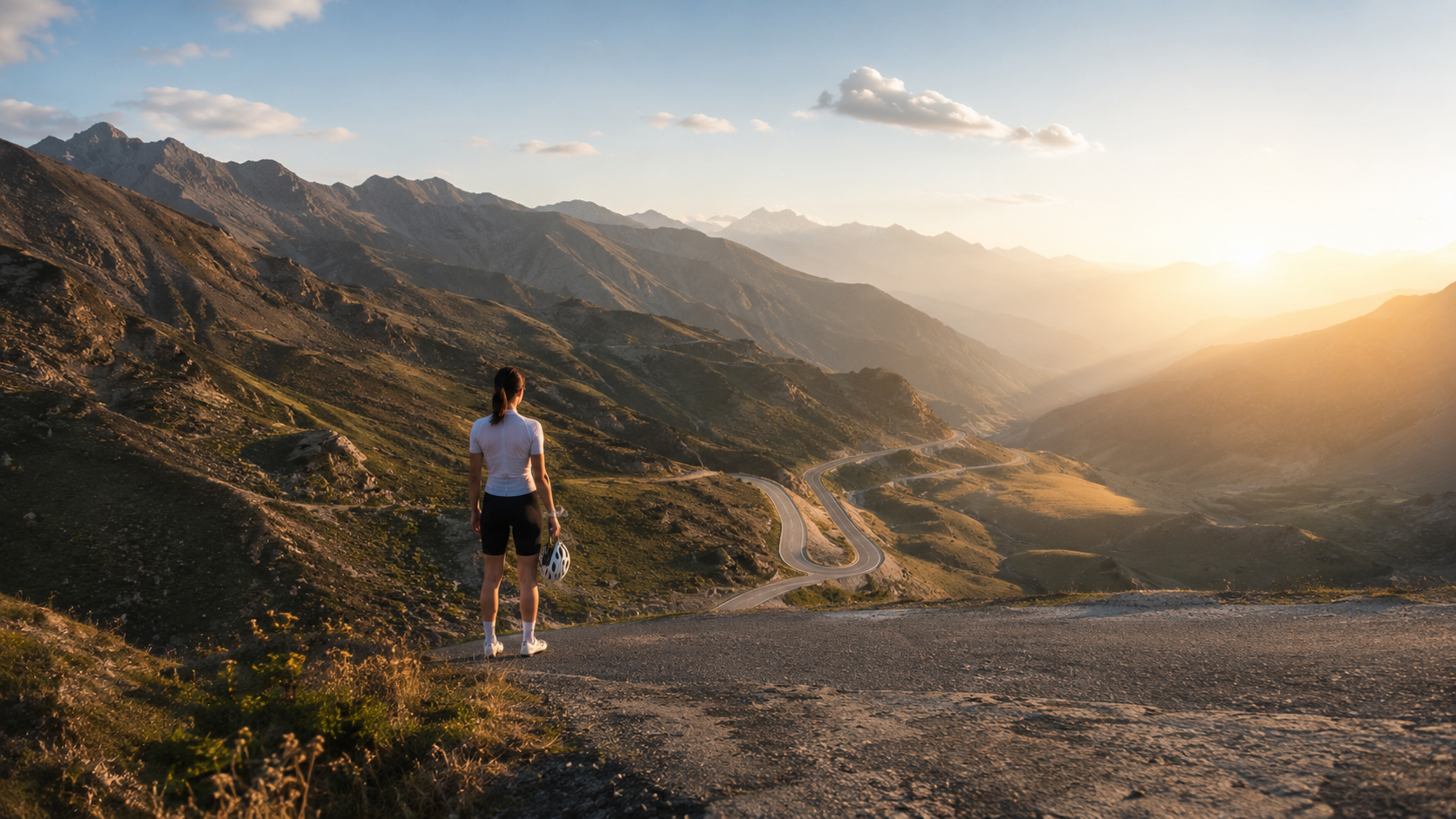Une cycliste vue de dos, arrêtée en haut d'un col, regarde la route de montagne ouverte qui descend