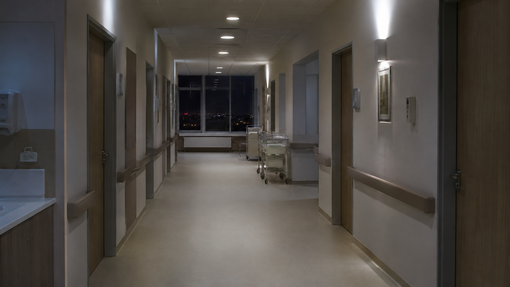 Un couloir de maternité désert et calme, la nuit, portes fermées