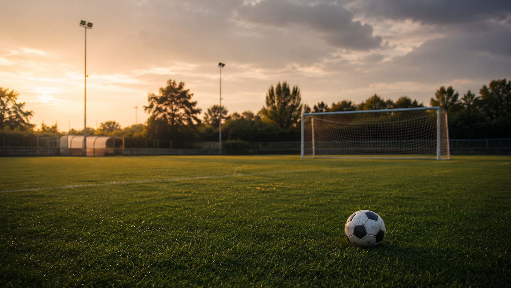 Terrain de sport pour enfants vide avec un ballon posé sur l'herbe
