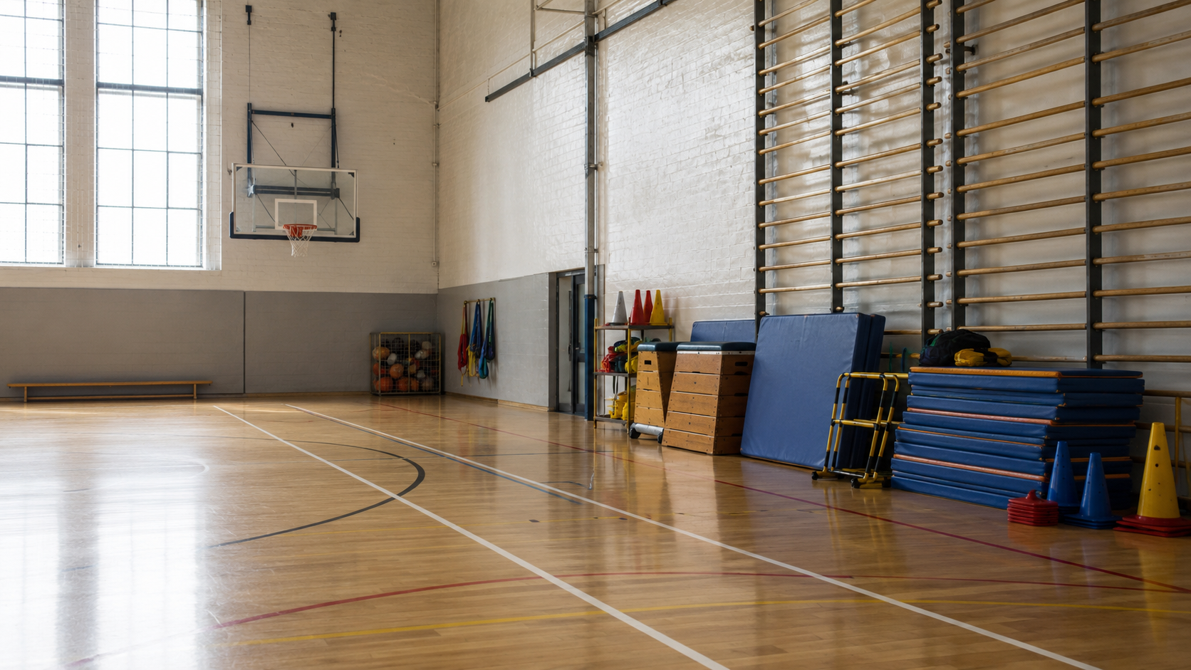 Gymnase scolaire vide avec du matériel de sport rangé le long du mur