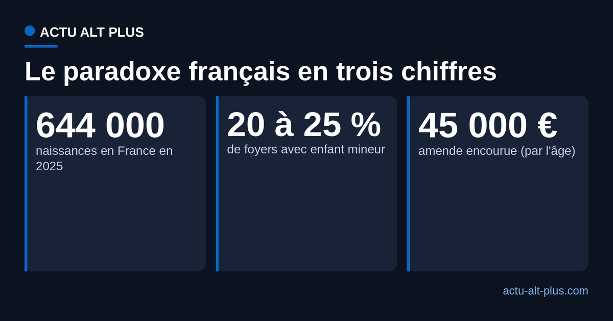 Trois chiffres du paradoxe français : 644 000 naissances en 2025, 20 à 25 % de foyers avec enfant mineur, 45 000 euros d'amende théorique pour discrimination fondée sur l'âge.