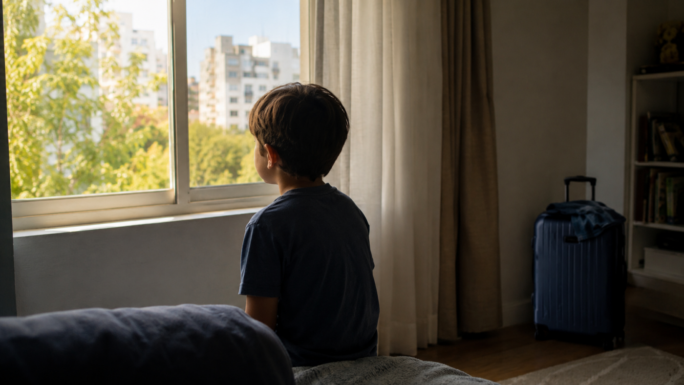 Un enfant regarde par la fenêtre d'un appartement en plein été, une valise fermée dans un coin