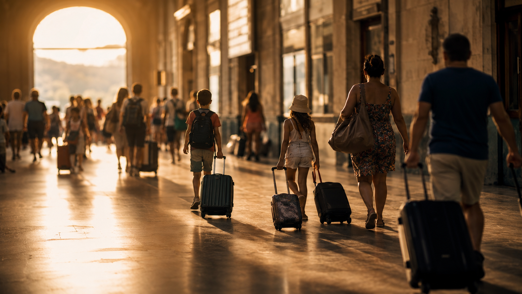 Des familles avec bagages sur un quai de gare un jour d'été, silhouettes floues
