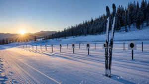Un pas de tir de biathlon désert à l'aube, cibles alignées et skis plantés dans la neige