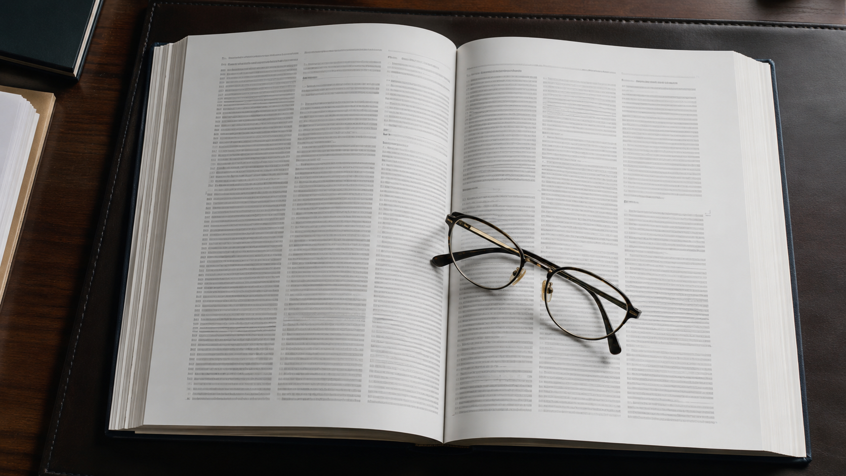 Un journal officiel ouvert sur un bureau, colonnes de texte imprimé et lunettes posées dessus