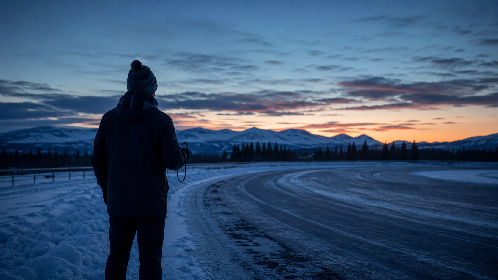 Silhouette d'un entraîneur vue de dos au bord d'une piste enneigée au crépuscule, chronomètre à la main