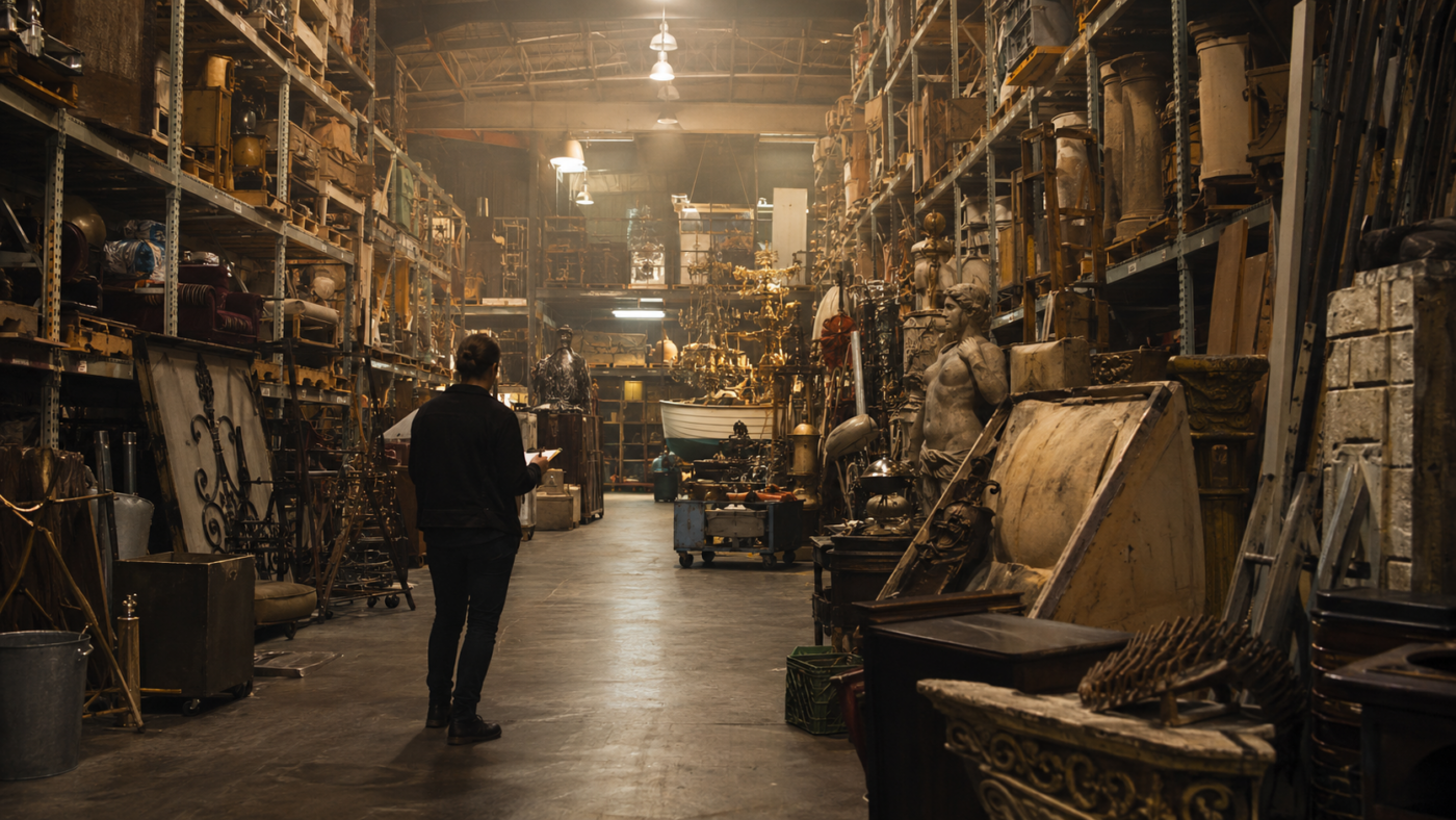 Vaste entrepôt de décors avec palettiers chargés de meubles et objets divers