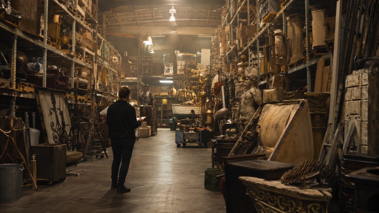 Vaste entrepôt de décors avec palettiers chargés de meubles et objets divers