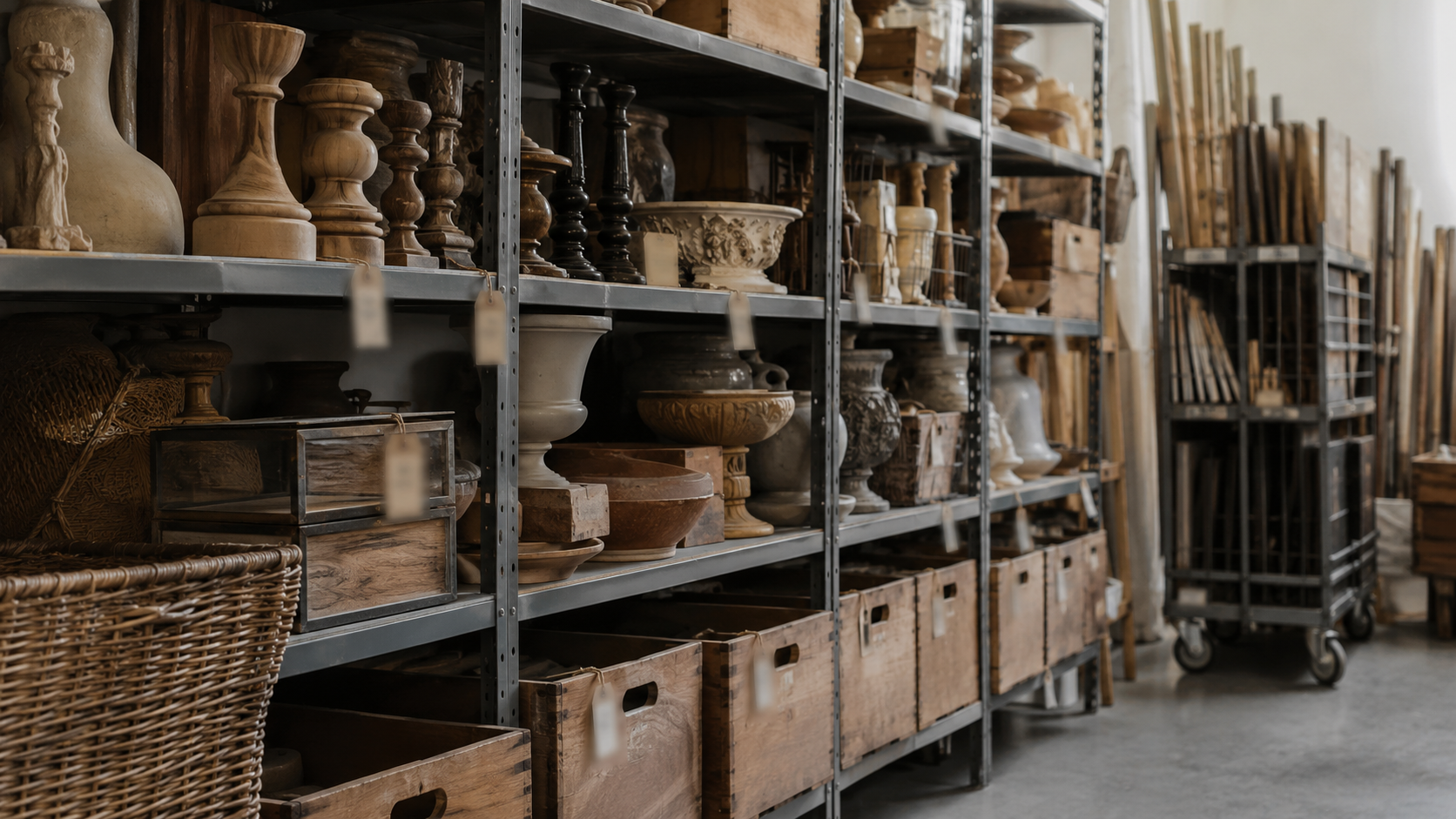 Rayonnages et caisses d'objets de décor soigneusement rangés dans un entrepôt
