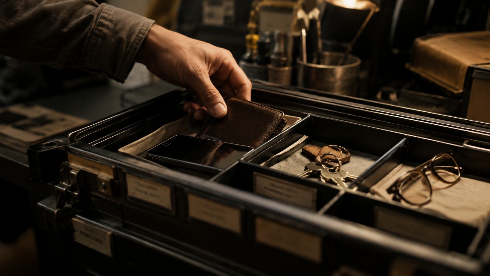 Petites caisses étiquetées contenant téléphone, portefeuille, clés et lunettes d'un personnage