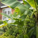 Des bananiers verts aux larges feuilles avec un petit régime de bananes vertes dans un jardin de banlieue anglaise.