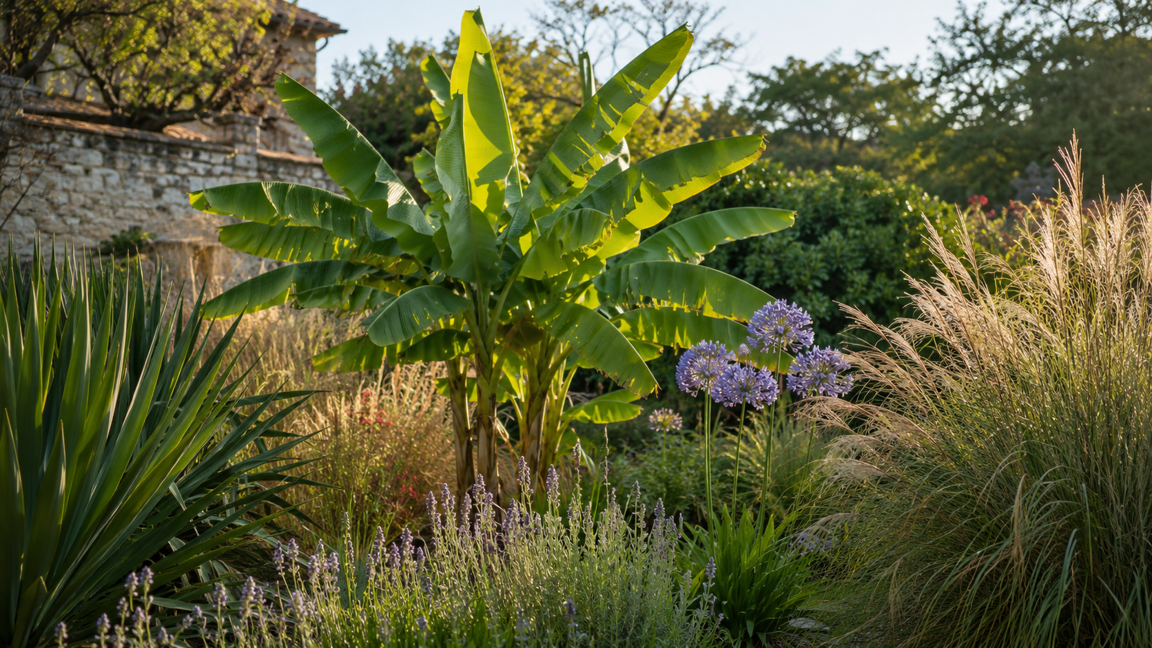 Un grand bananier d'ornement rustique dans un massif de jardin français, entouré d'autres plantes.