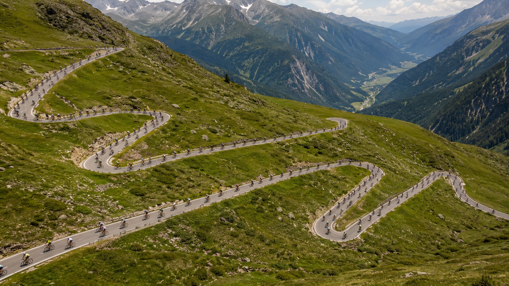 Une longue file de cyclistes amateurs dans les lacets d'un col alpin, vue de dessus