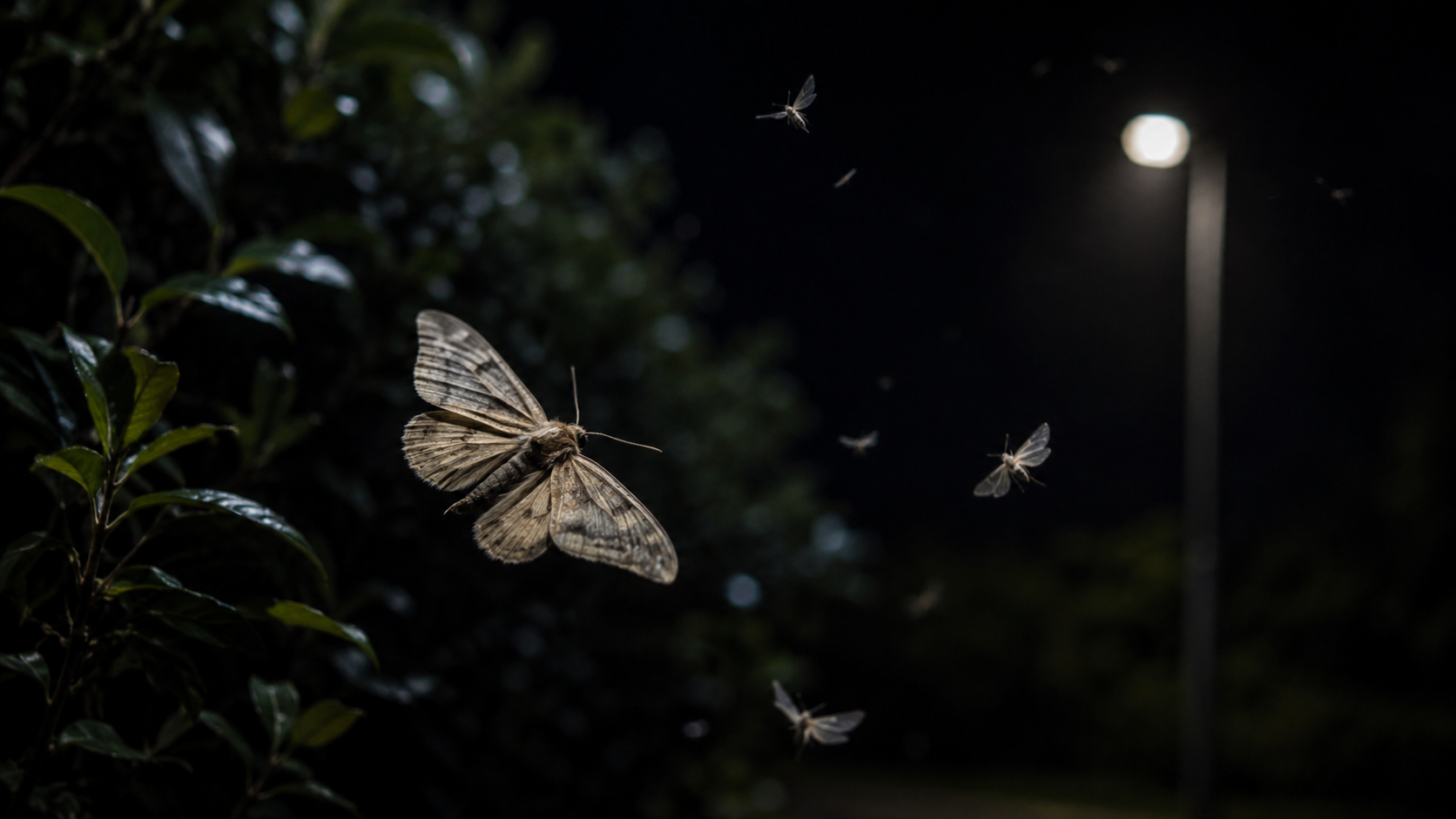Un papillon de nuit et de petits insectes volant dans l'obscurité près d'une haie, sous un faible clair de lune