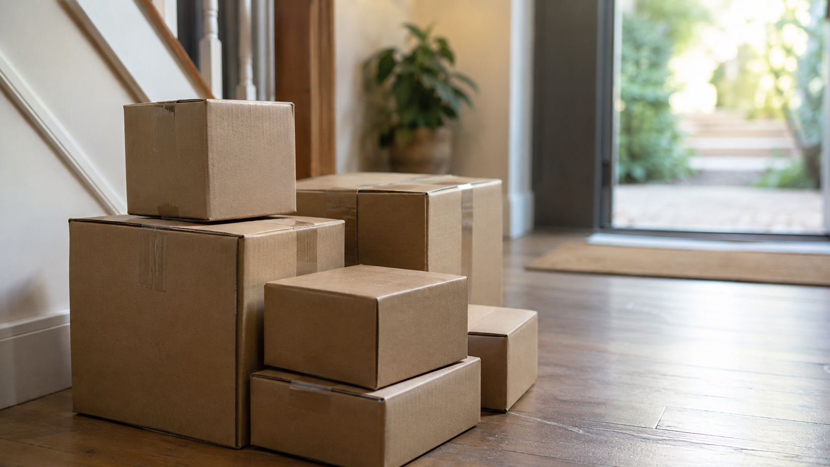 Petits colis en carton empiles sur un pas de porte, evoquant l'importation de produits de faible valeur.