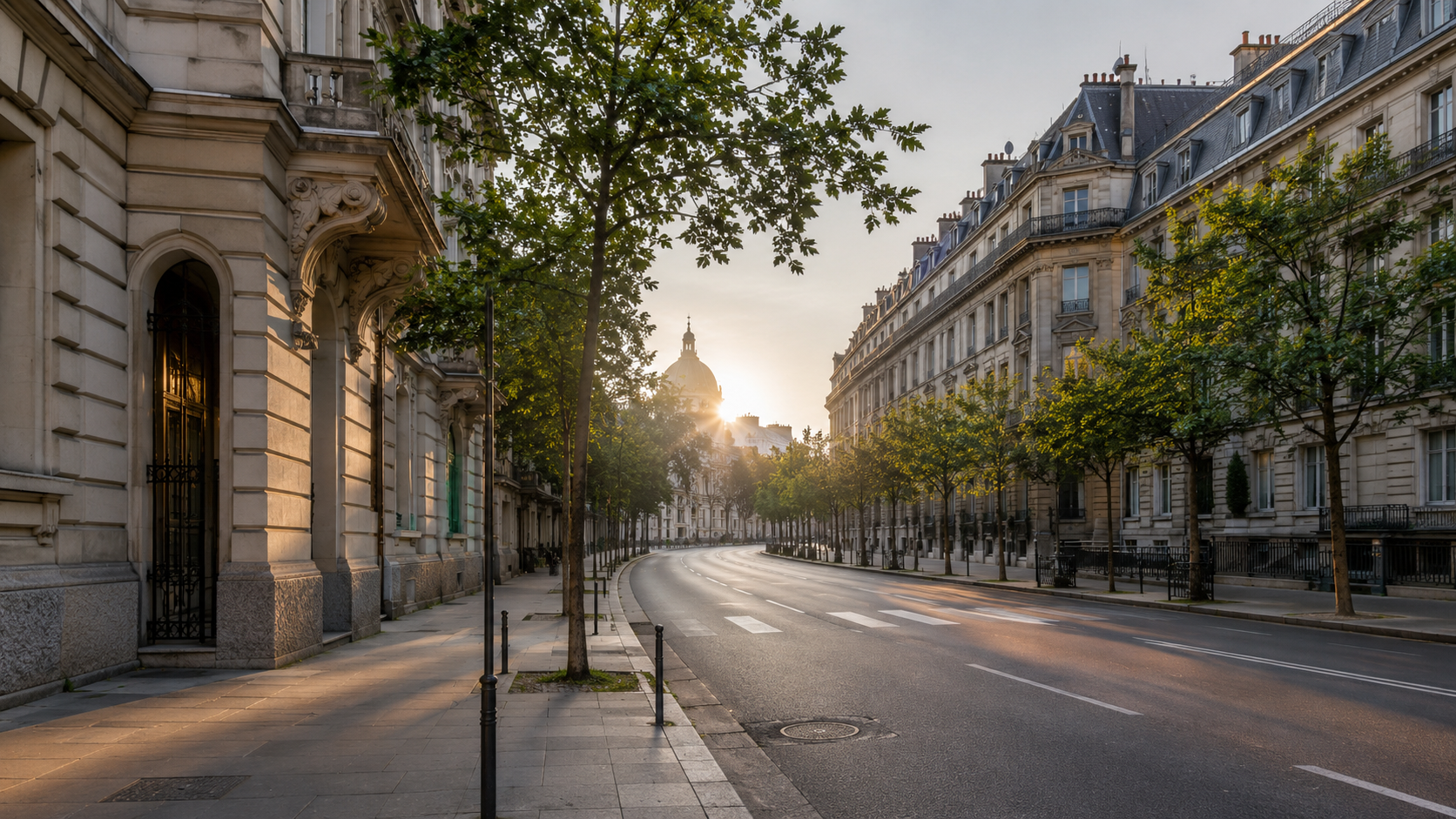Rue de ville europeenne calme et lumineuse au petit matin, trottoirs vides et arbres verts, evoquant un air plus pur.