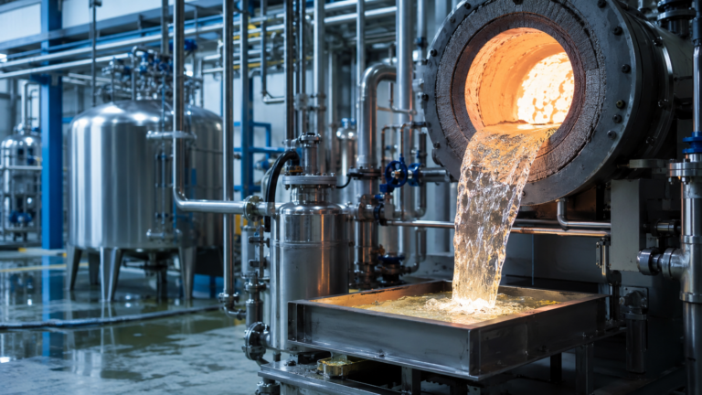 Intérieur d'une usine-pilote de traitement de minerai, cuves en acier et coulée d'un verre vitrifié