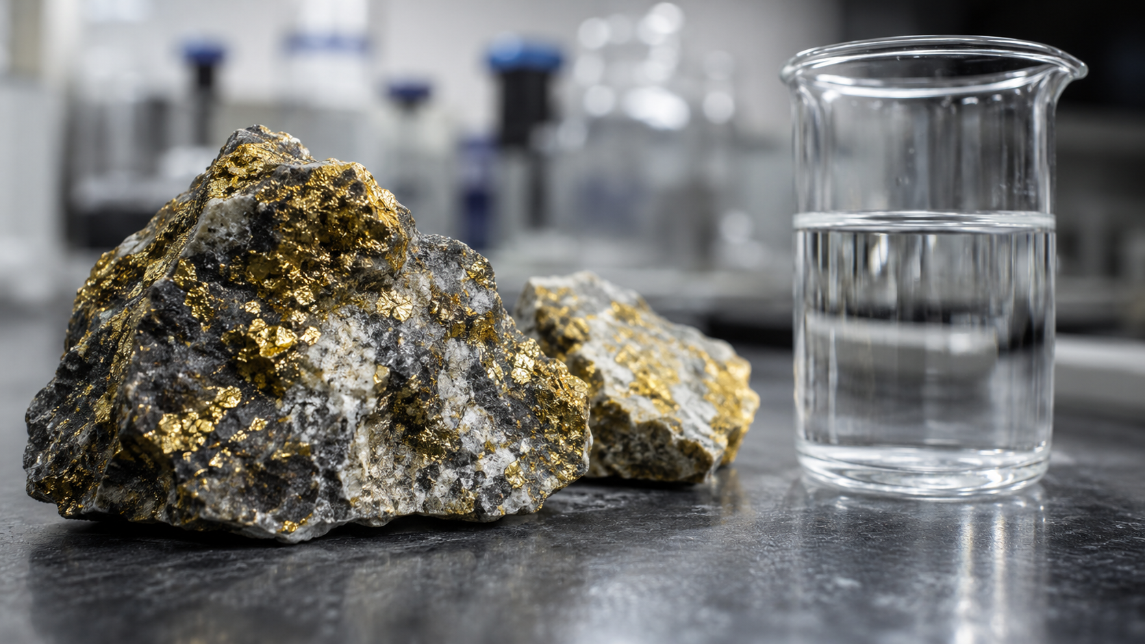 Fragments de minerai aurifère et un bécher de réactif clair sur une paillasse de laboratoire