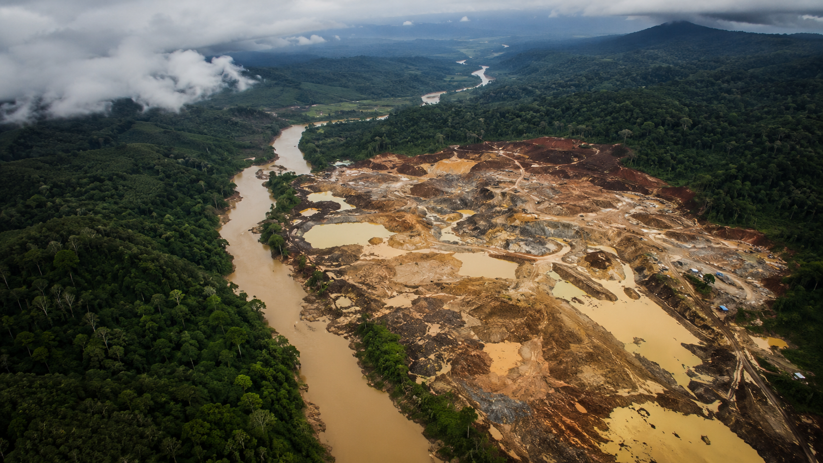 Vue aérienne d'une rivière boueuse serpentant dans la forêt tropicale, avec une clairière de terre remuée