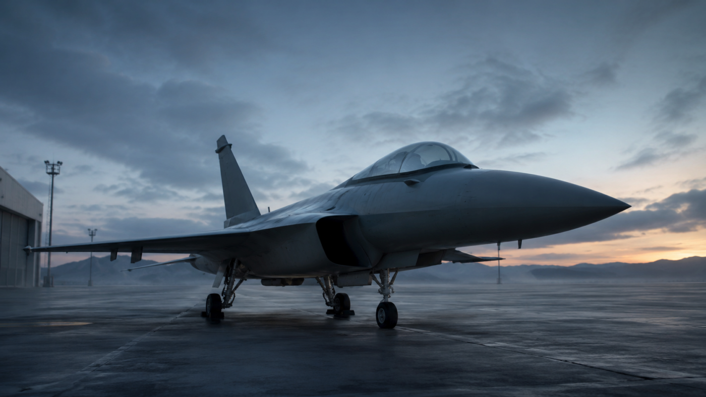 Silhouette generique d'avion de chasse gris sur une piste de base aerienne deserte a l'aube, sans marque ni insigne