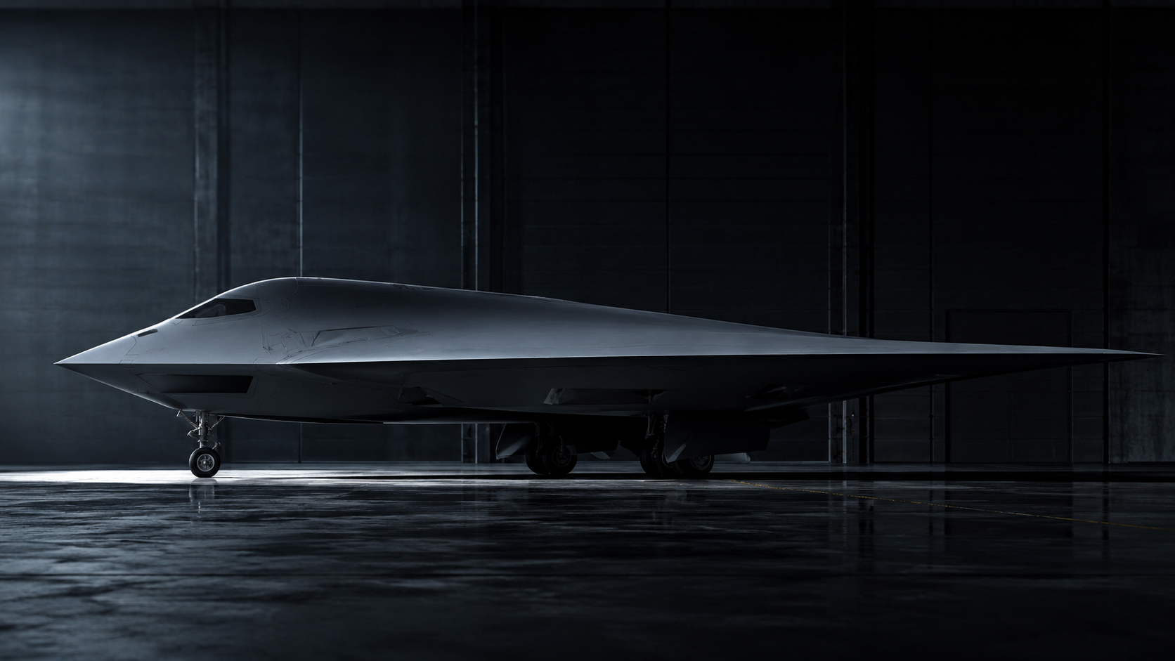 Silhouette generique de drone de combat furtif en aile volante sur le tarmac sombre d'un hangar, sans marque