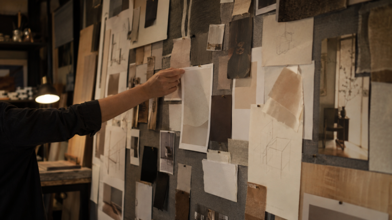 Un mur d'atelier de design couvert d'esquisses d'affiches punaisees sous une lumiere chaude