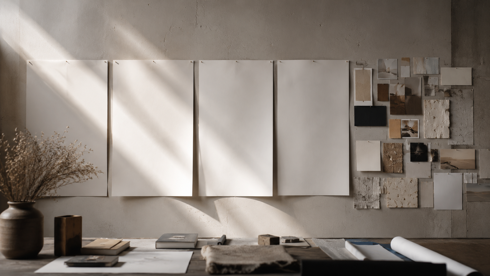 Plusieurs tirages vierges au format affiche punaises cote a cote sur un mur d'atelier