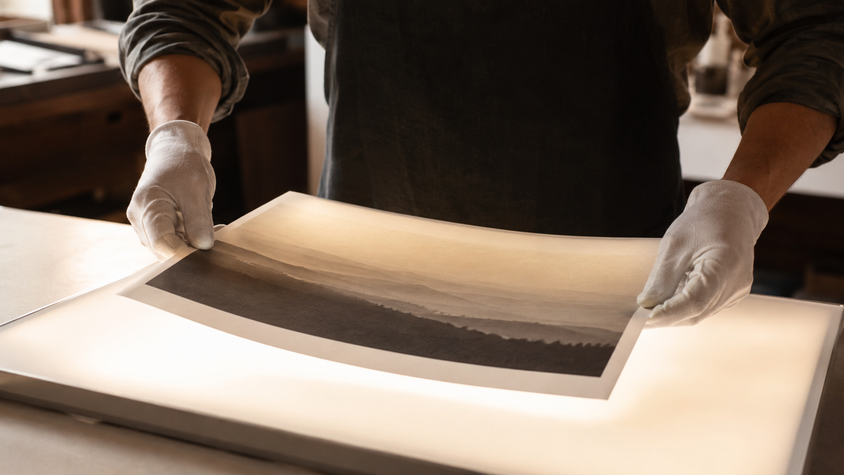 Deux mains tiennent avec soin un tirage neutre au-dessus d'une table lumineuse
