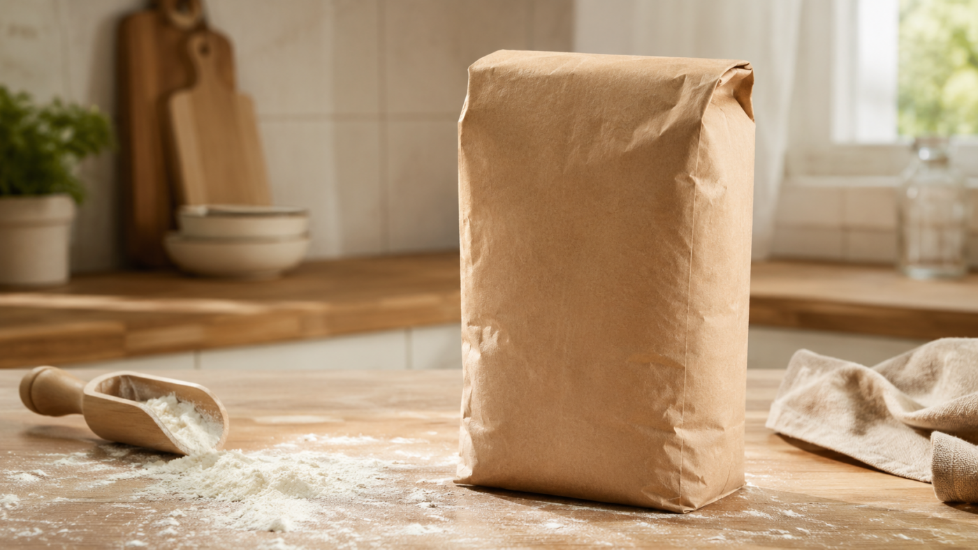 Sac de farine generique de 1 kg en papier kraft pose sur un plan de travail en bois