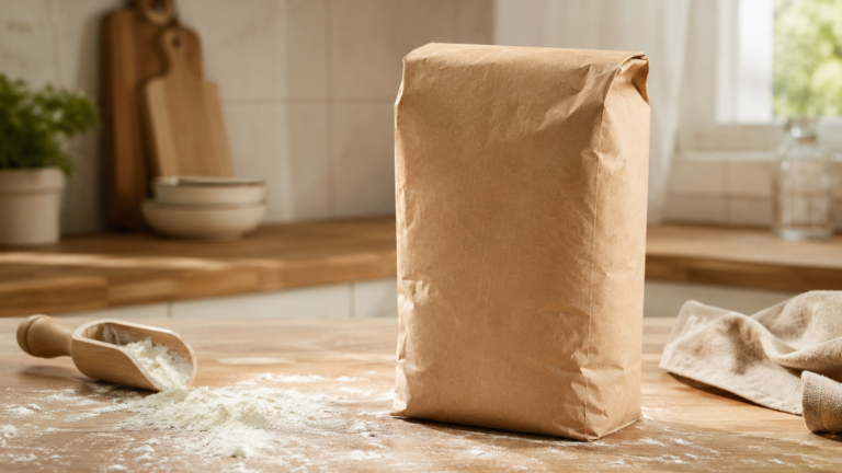 Sac de farine generique de 1 kg en papier kraft pose sur un plan de travail en bois