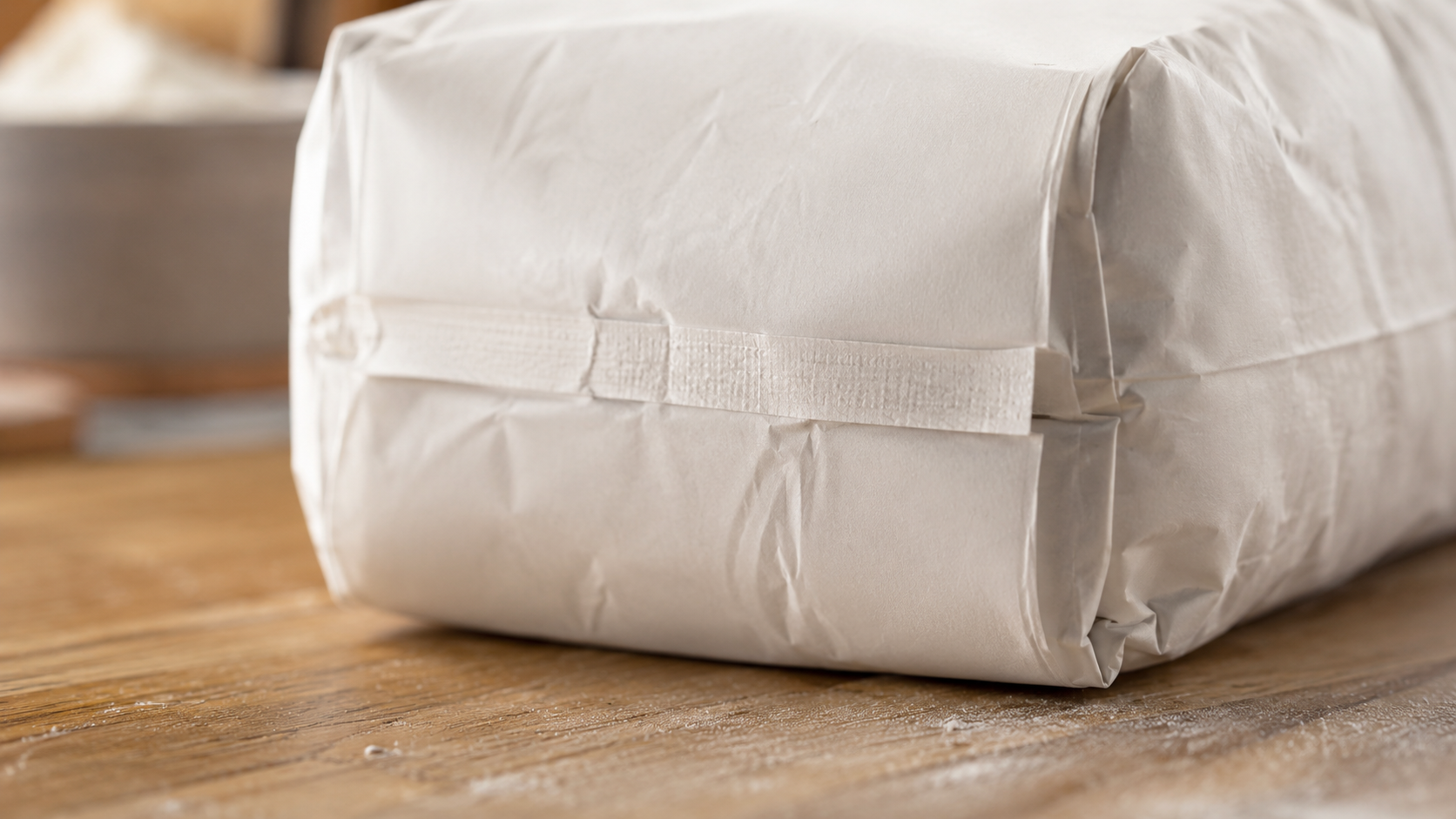 Gros plan sur le dos d'un sac de farine generique sur un plan de travail en bois