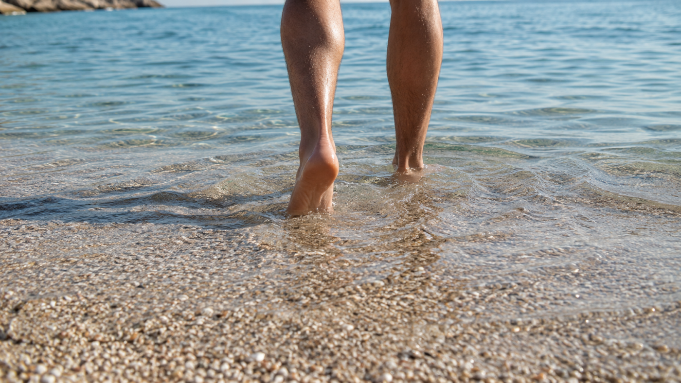 Des pieds nus entrant dans une eau de mer claire et peu profonde au bord du rivage, sous le soleil d'été