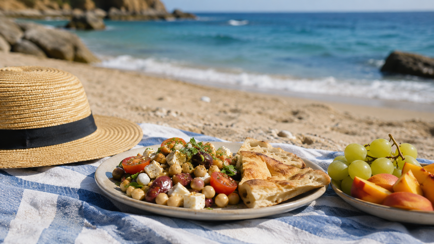 Un pique-nique de plage simple sur une serviette, assiette de nourriture et fruits près d'un chapeau, mer en arrière-plan