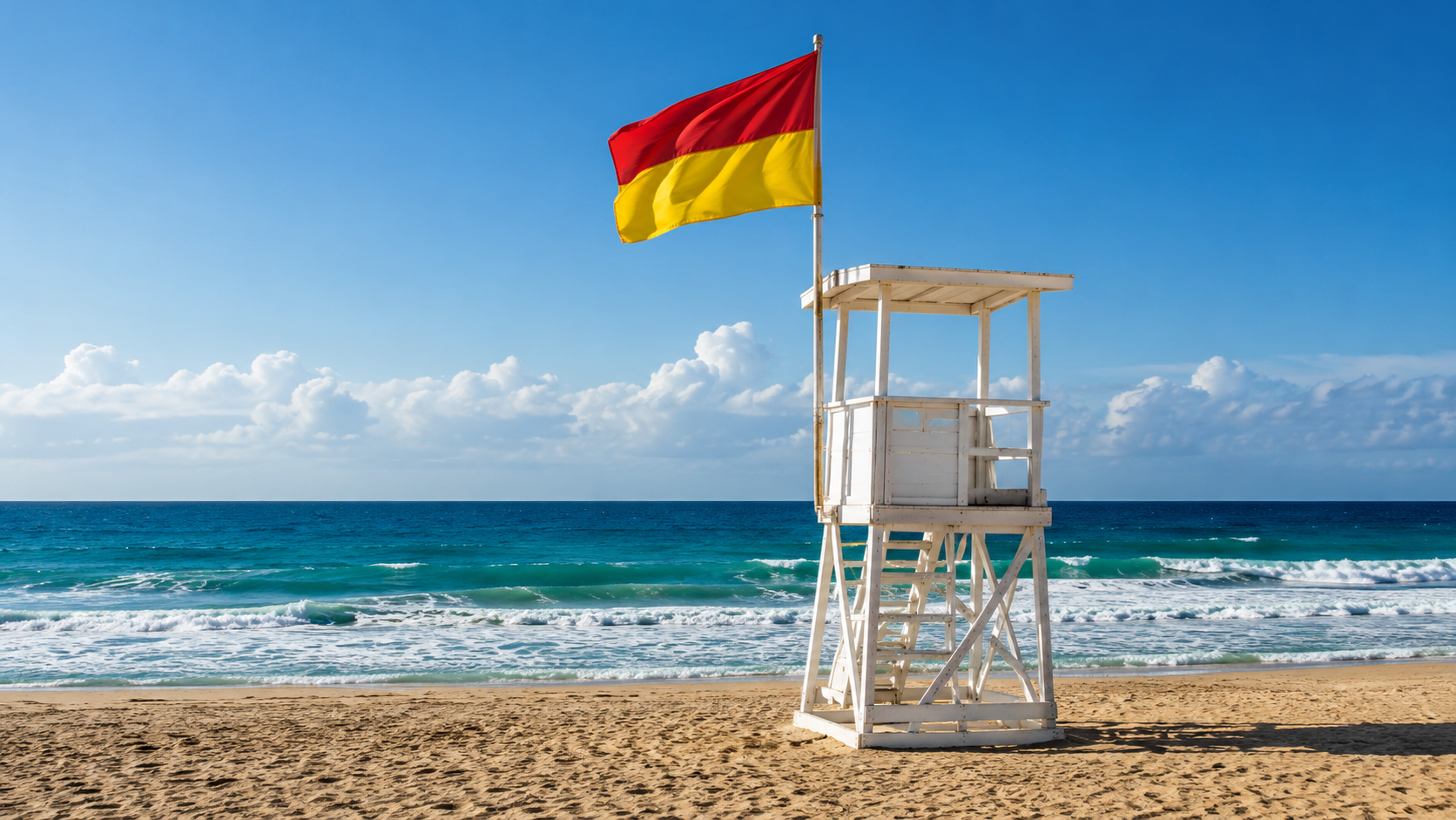 Un poste de secours vide sur une plage d'été avec un drapeau de baignade coloré claquant au vent