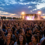 Foule de festival de face, visages génériques joyeux et mains levées, devant une scène éclairée au crépuscule.
