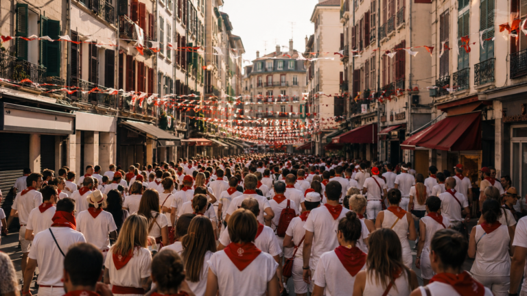 Foule en tenue blanche et foulard rouge dans une rue de fête vue de loin