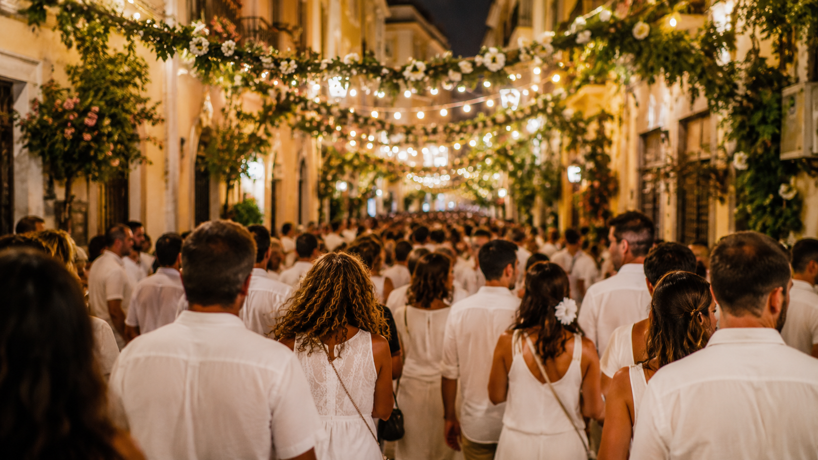 Guirlandes au-dessus d'une ruelle et foule en blanc vue de dos