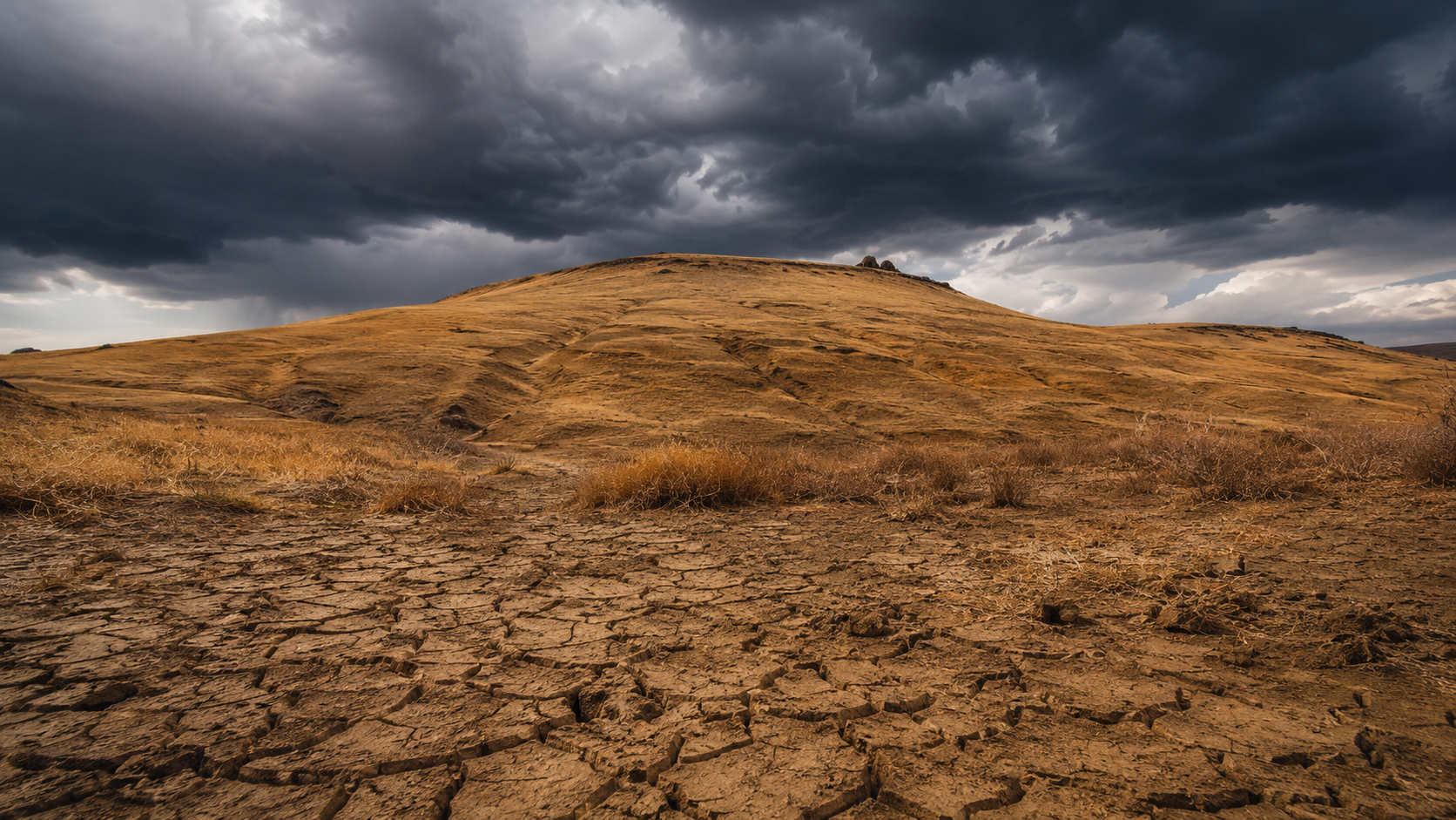 Colline desséchée à l'herbe jaunie sous un ciel d'orage menaçant